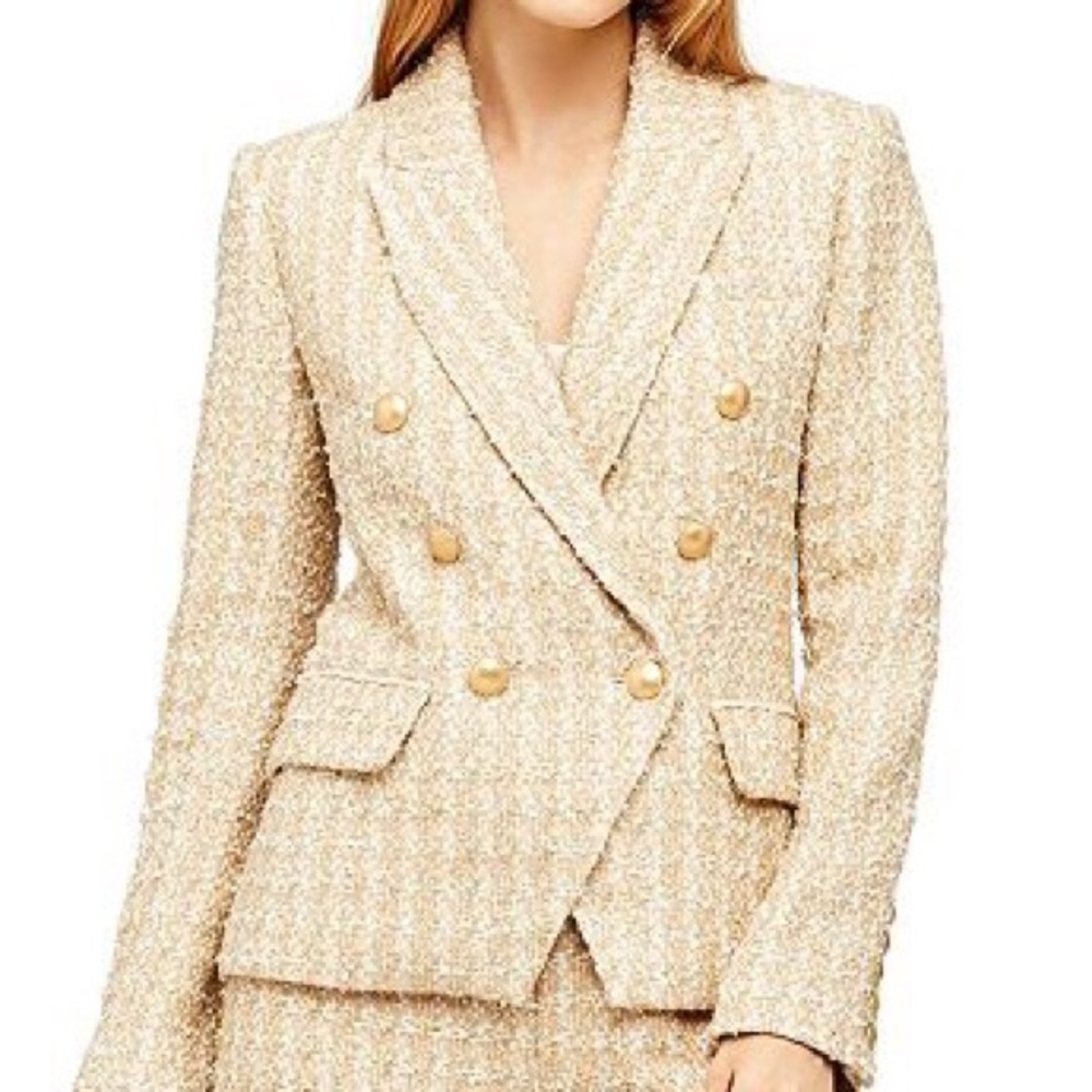 L'AGENCE Cream Tweed Double-Breasted Blazer with Gold Buttons - Picture 2 of 6